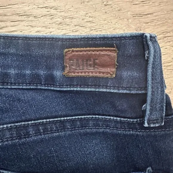 PAIGE Womens High Rise Bell Canyon Flare Leg Jeans Blue Dark Wash Frayed Size 29 - Picture 6 of 16